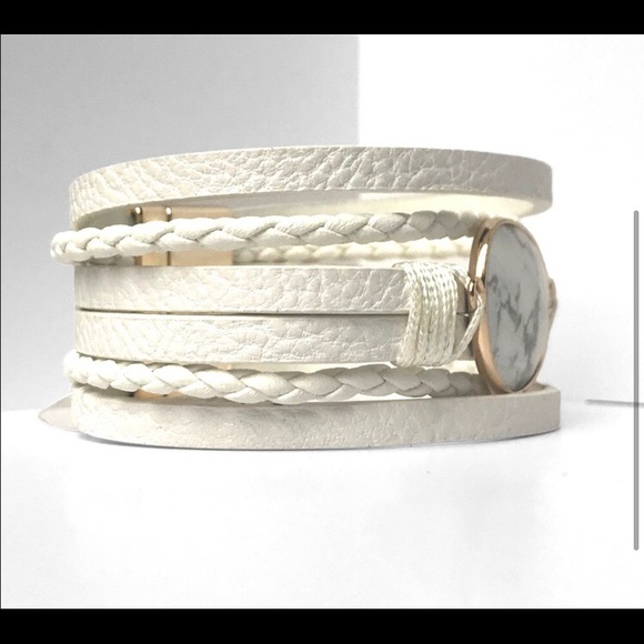 LAST ONE: White stone faux vegan leather banded magnetic boho bracelet - Picture 2 of 3